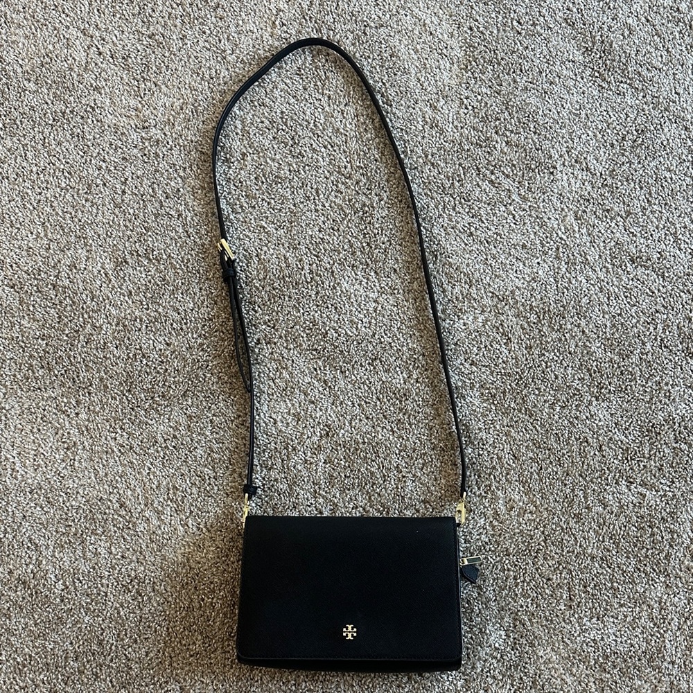 Tory Burch Black Leather Crossbody Shoulder Bag with Gold Hardware